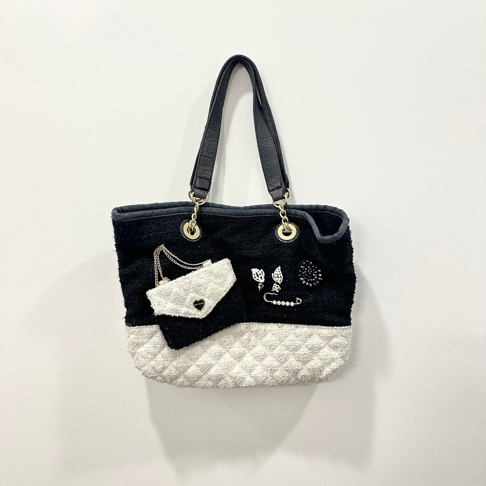 Betsey Johnson Black White Boucle Tote Bag with Charms and Pins Large